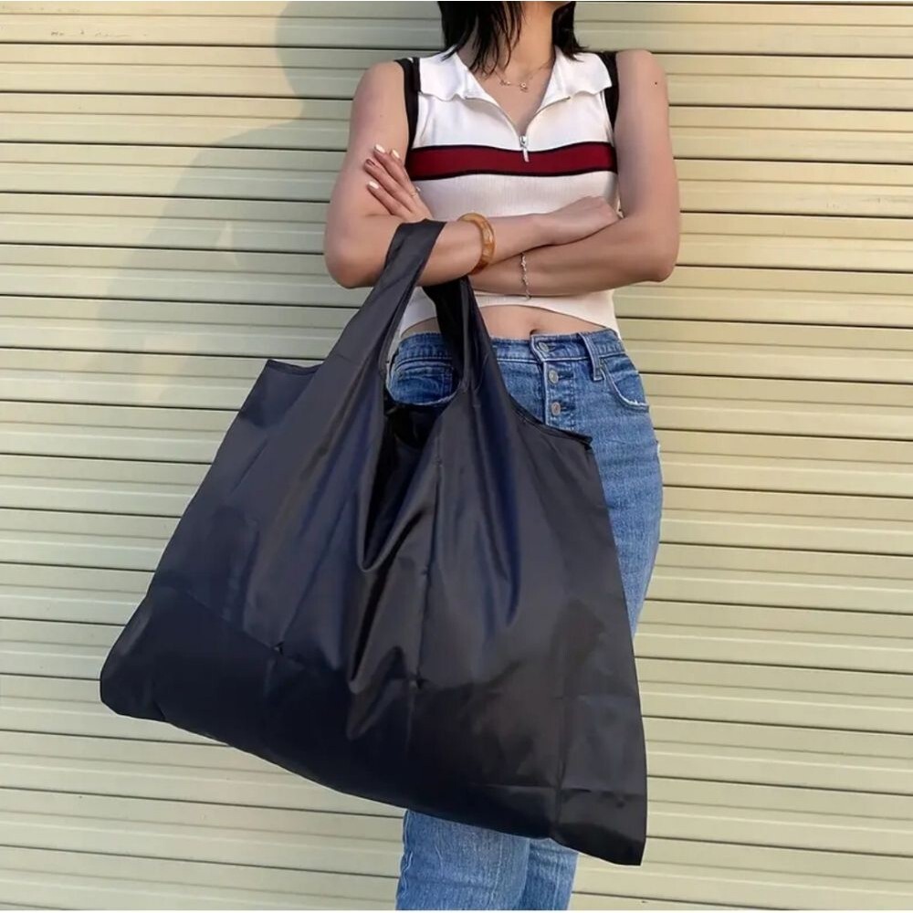 Large Solid Black Shopping Bag, foldable collapsible tote